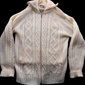 Vintage Cable Knit Full-Zip Sweater Small Men's Montgomery Ward Ivory Acrylic
